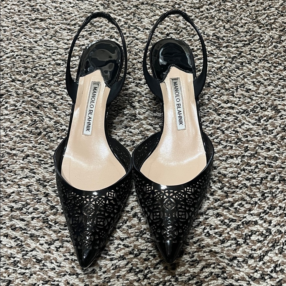 Manolo Blahnik Black Laser-Cut Slingback Pumps